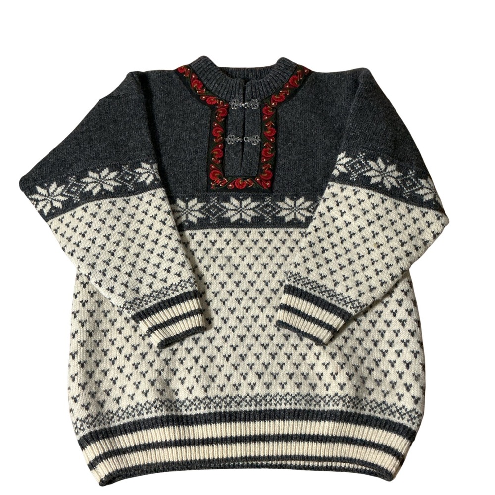 Norwool Nordic Fair Isle Wool Sweater Womens S Grey Cream Pewter Clasp Norway